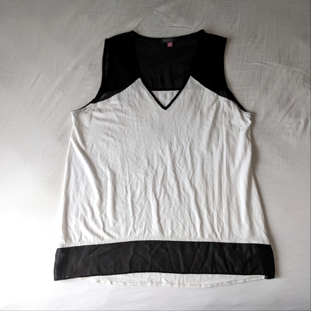 Vince Camuto Sleeveless V Neck Top Black and White